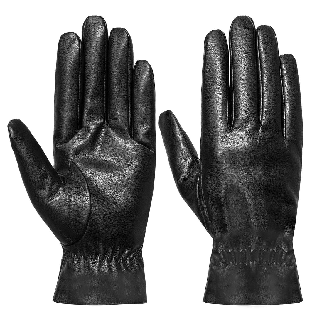 Black Faux Leather Winter Gloves with Warm Lining, Windproof