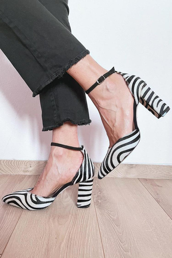 Women's Zebra Print Ankle Strap Heels with Block Heel