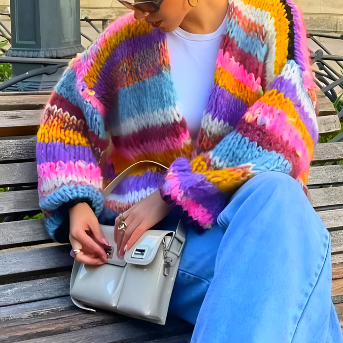 Women's Striped Open Front Cardigan with Long Sleeves
