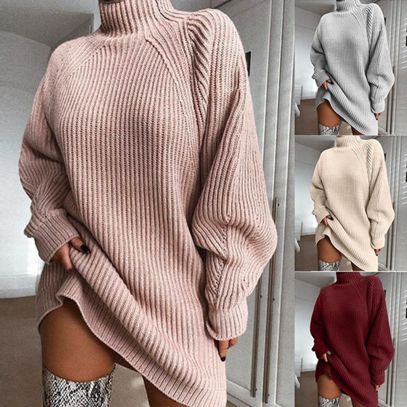 Warm Turtleneck Sweater Dress, Long Solid Color Winter Knit