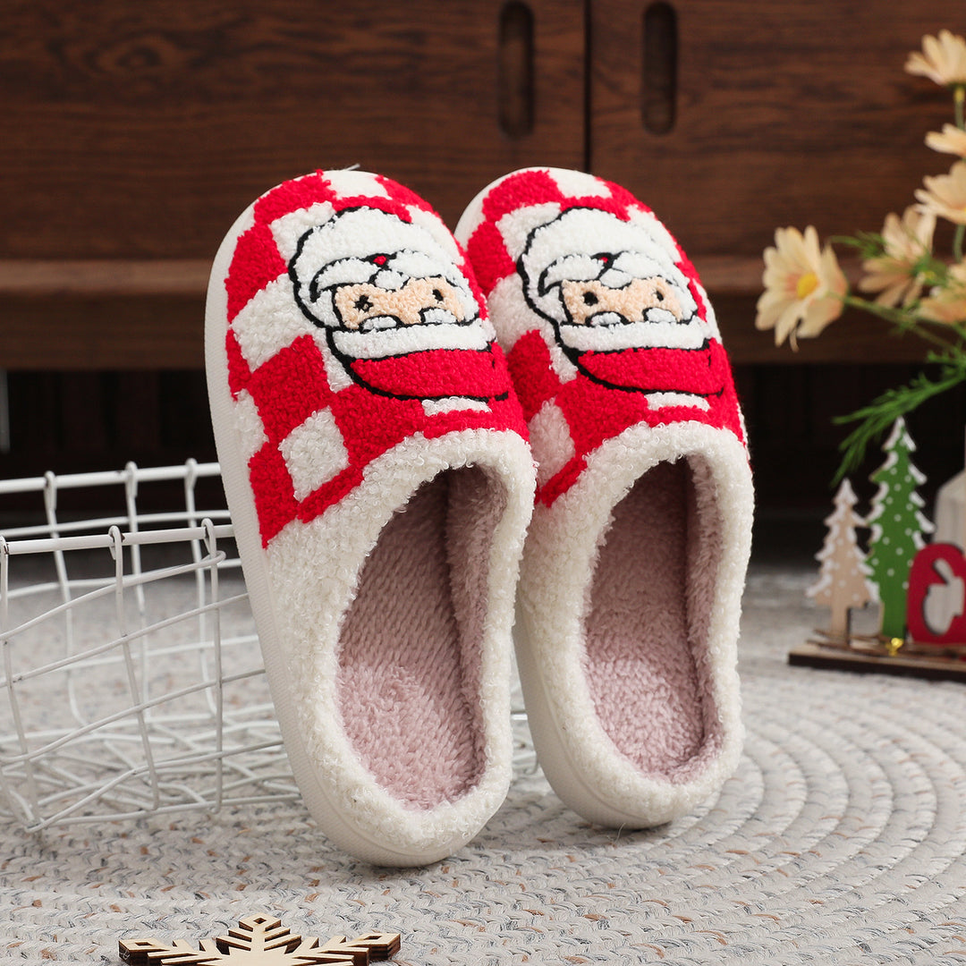 Christmas Plaid Santa Claus Slippers, Fuzzy Non-Slip House Shoes