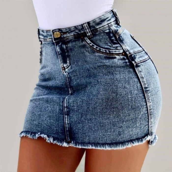 Women's High-Waisted Denim Mini Skirt with Frayed Hem