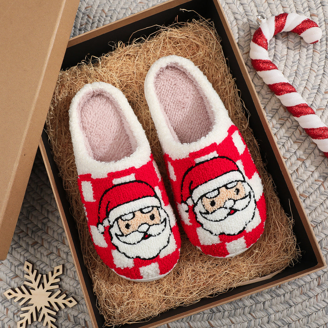 Christmas Plaid Santa Claus Slippers, Fuzzy Non-Slip House Shoes