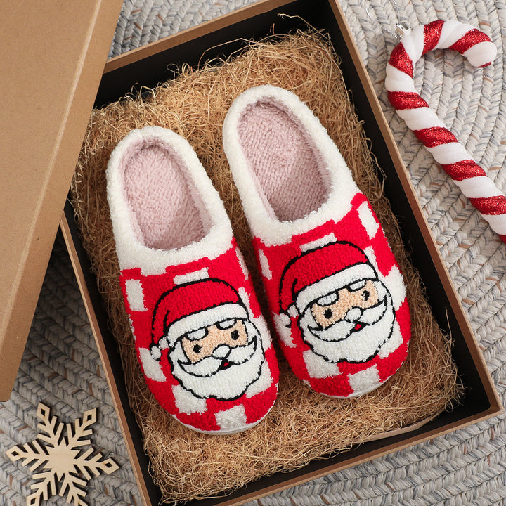 Christmas Plaid Santa Claus Slippers, Fuzzy Non-Slip House Shoes