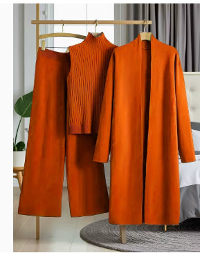 Woman in a matching three-piece knit set