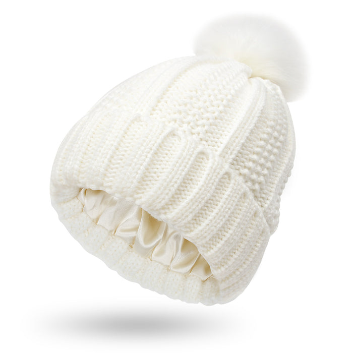 Kinsley | Satin Lined Knit Beanie with Faux Fur Pom Pom