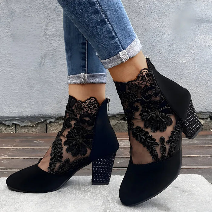 Women's Lace Ankle Boots with Block Heel and Sheer Overlay