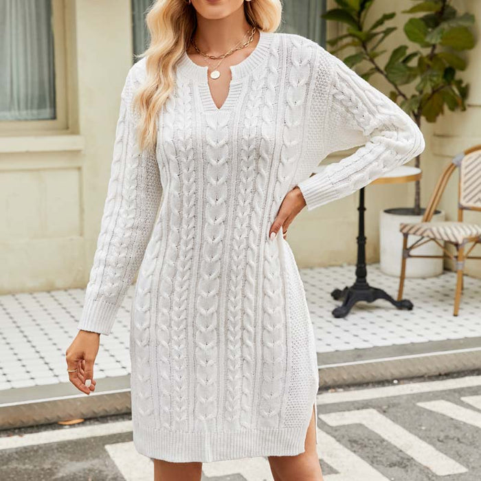 Women's Cable Knit Sweater Dress with V-Neck and Long Sleeves
