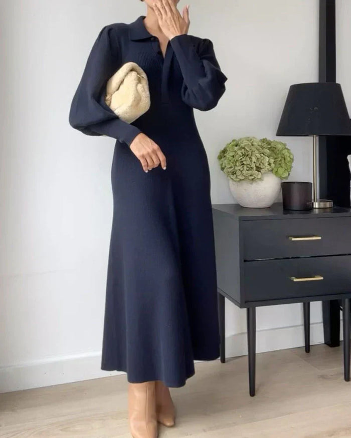 Women's Ribbed Midi Dress with Polo Collar for Autumn