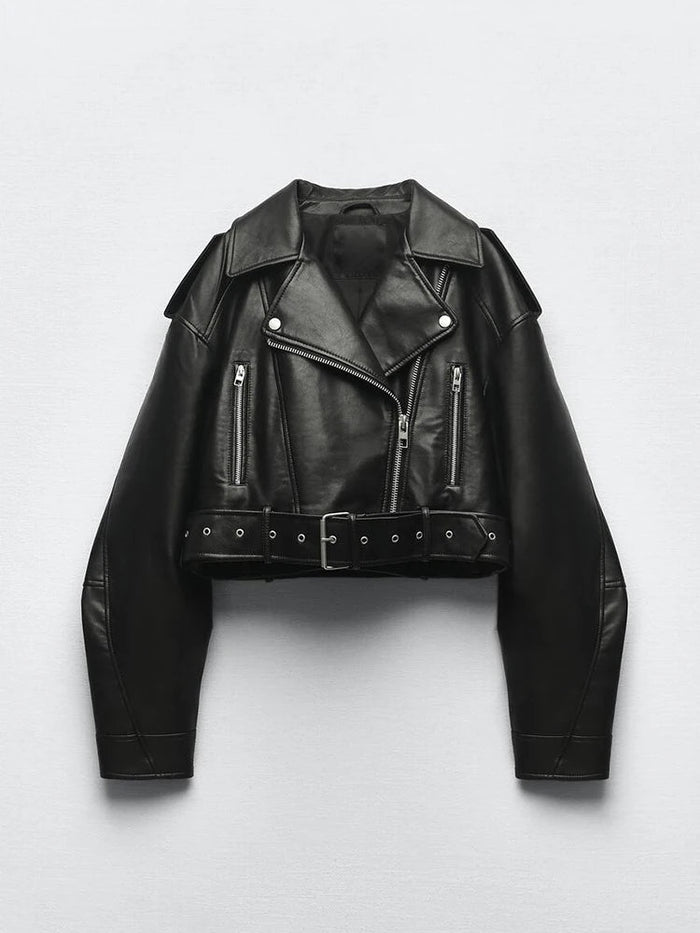 Women's Cropped Biker Jacket with Belt and Collar