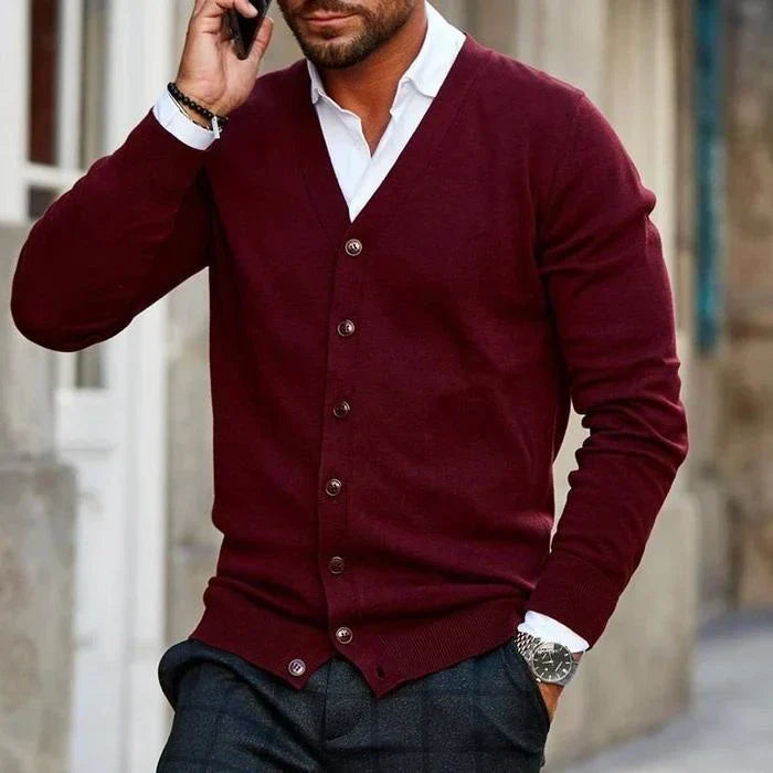 Men's Button-Front Cardigan Sweater with Ribbed Trim