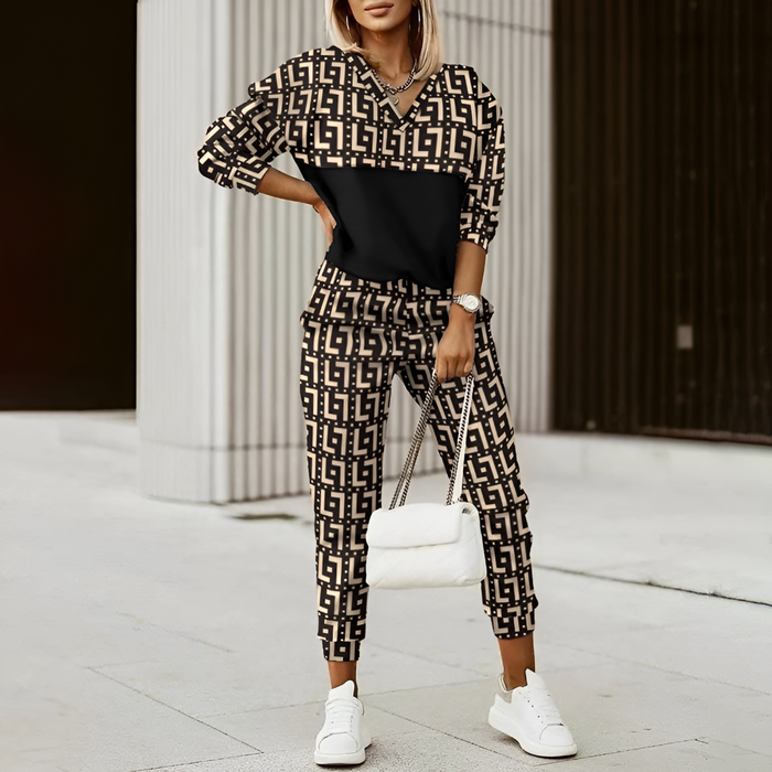 Women's Geometric Two-Piece Tracksuit Set with Zip Jacket