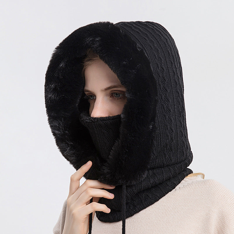 Women's Winter Hat with Attached Scarf, Thick Plush Hooded