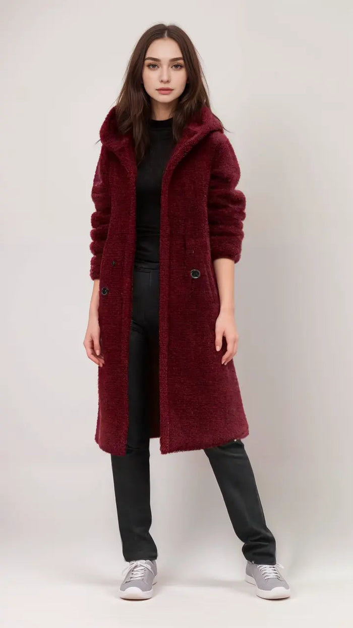 Women's Teddy Longline Coat with Notch Collar and Button Front