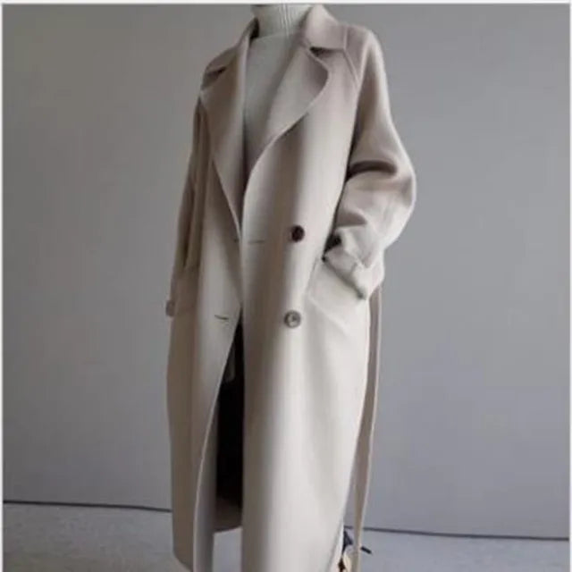 Women's Long Double-Breasted Wool Coat with Belt