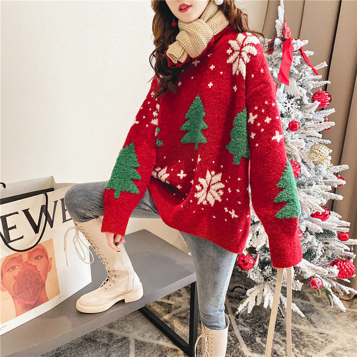 Women's Christmas Sweater with Tree and Snowflake Pattern