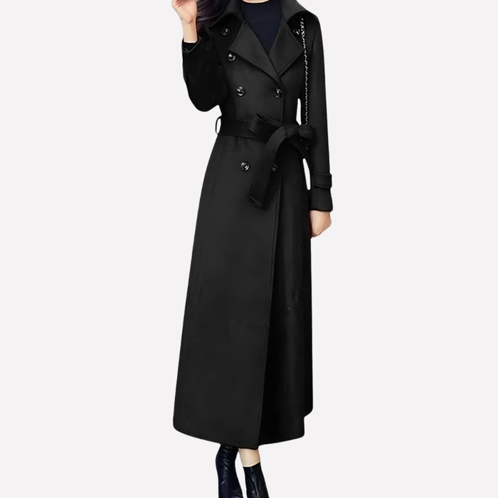 Women's Long Double-Breasted Trench Coat with Belt