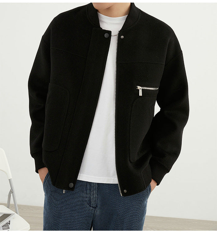 Men's Baseball-Inspired Wool Jacket Collarless Short Cut