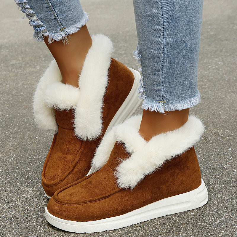 Plush Fur Ankle Snow Boots for Women, Warm Suede Winter Boots