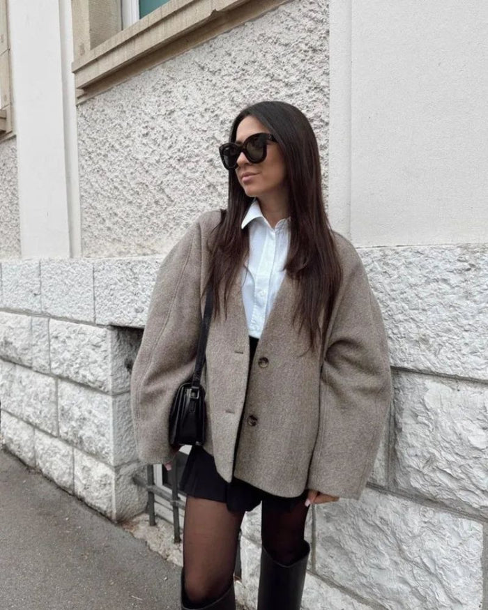 Women's Cropped Blazer Jacket with V-Neck and Cuff Detail