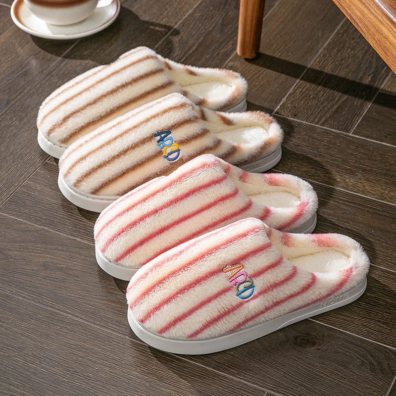 Plush Striped Letter Slippers, Winter Warm Embroidered