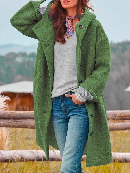 Women's Hooded Longline Coat with Button Front Closure