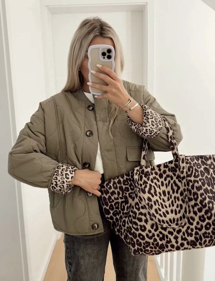 Women's Quilted Jacket with Button Front and Leopard Cuffs