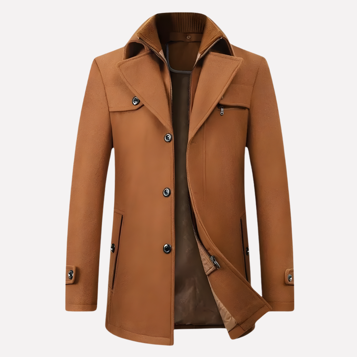 Men's Button-Front Wool-Blend Coat with Knit Collar