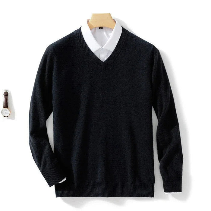 Men's V-Neck Pullover Sweater with Ribbed Cuffs