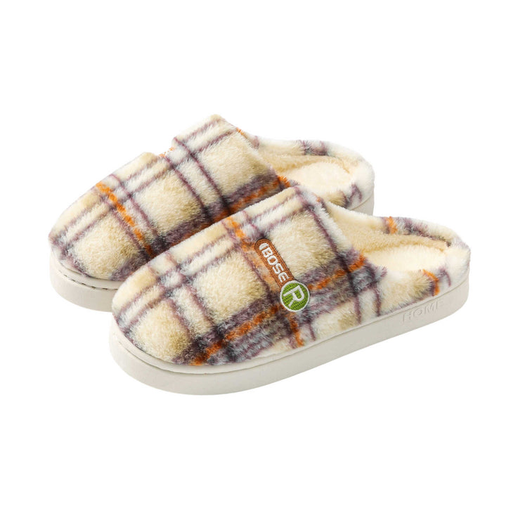 Plush Plaid Cotton House Slippers, Warm and Non-Slip