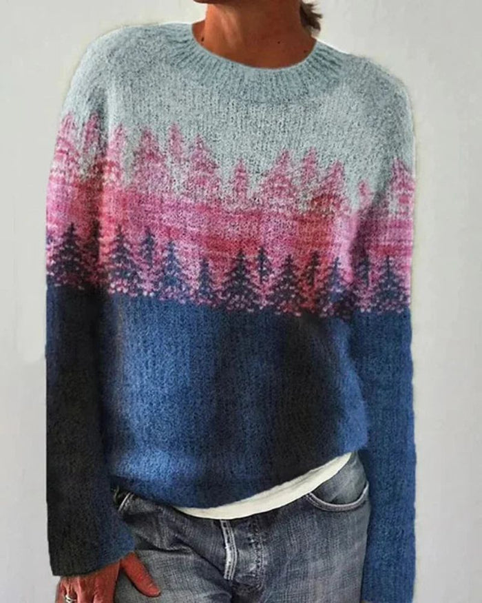 Women's Tree Print Gradient Crew Neck Sweater