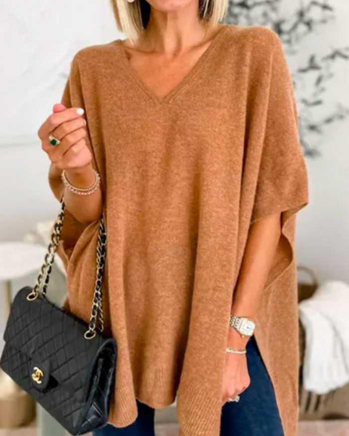 Women's V-Neck Oversized Poncho Sweater Relaxed Fit