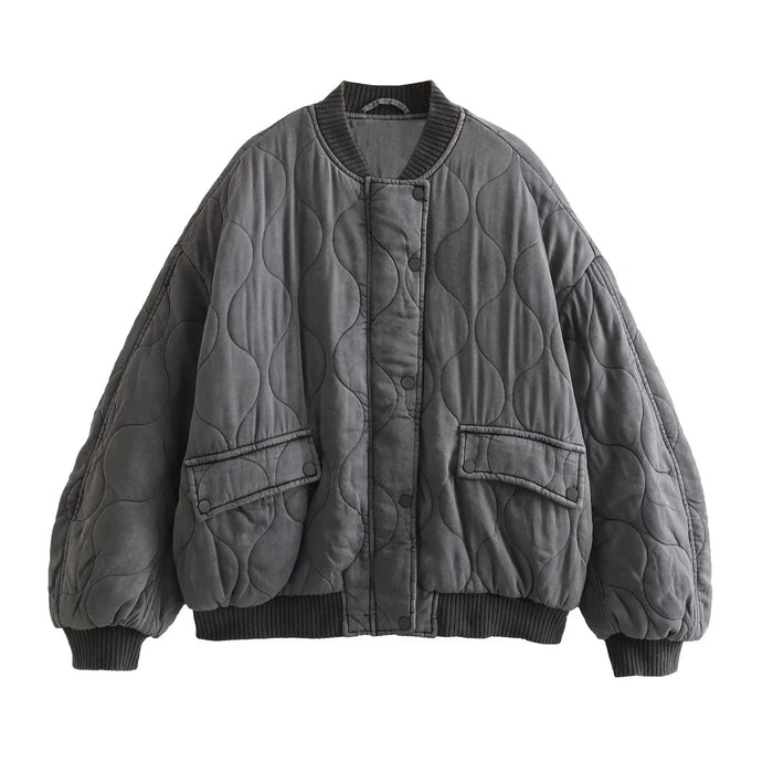 Women's Oversized Quilted Bomber Jacket Snap-Front
