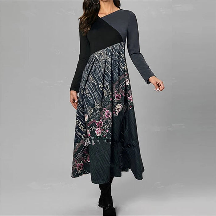 Women's Floral Print A-Line Maxi Dress with Long Sleeves