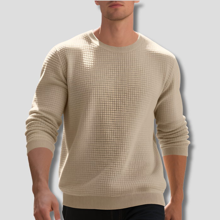 Men's Waffle Knit Crew Neck Sweater with Ribbed Hem