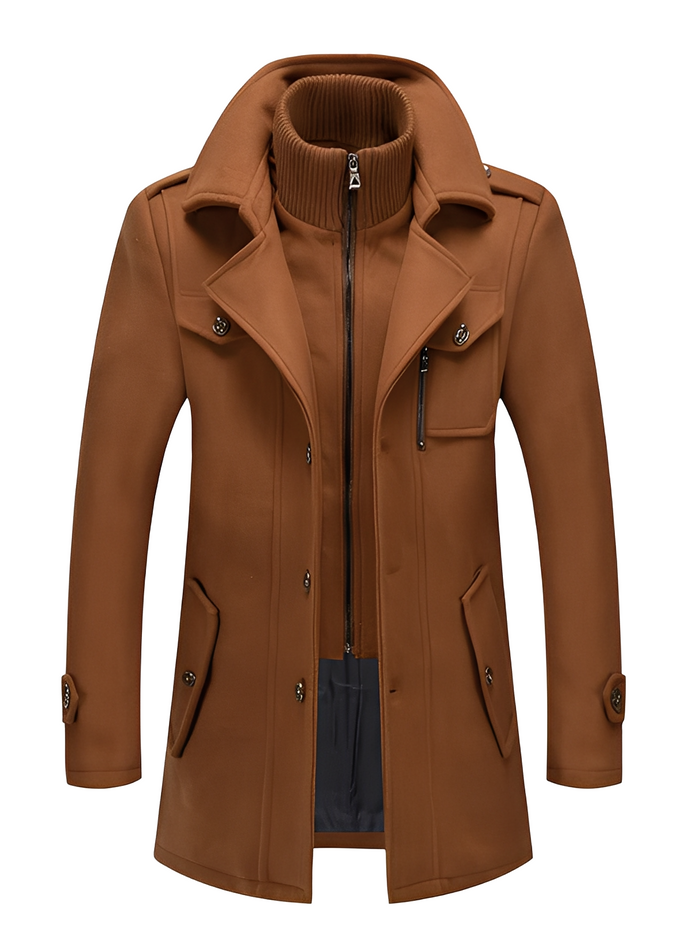 Men's Mid-Length Trench Coat with High Collar and Zip Front