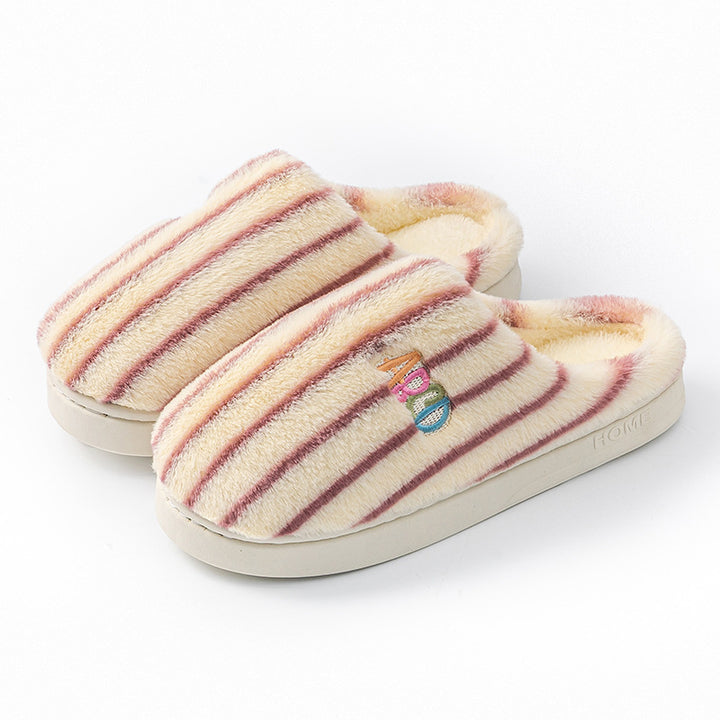 Plush Striped Letter Slippers, Winter Warm Embroidered