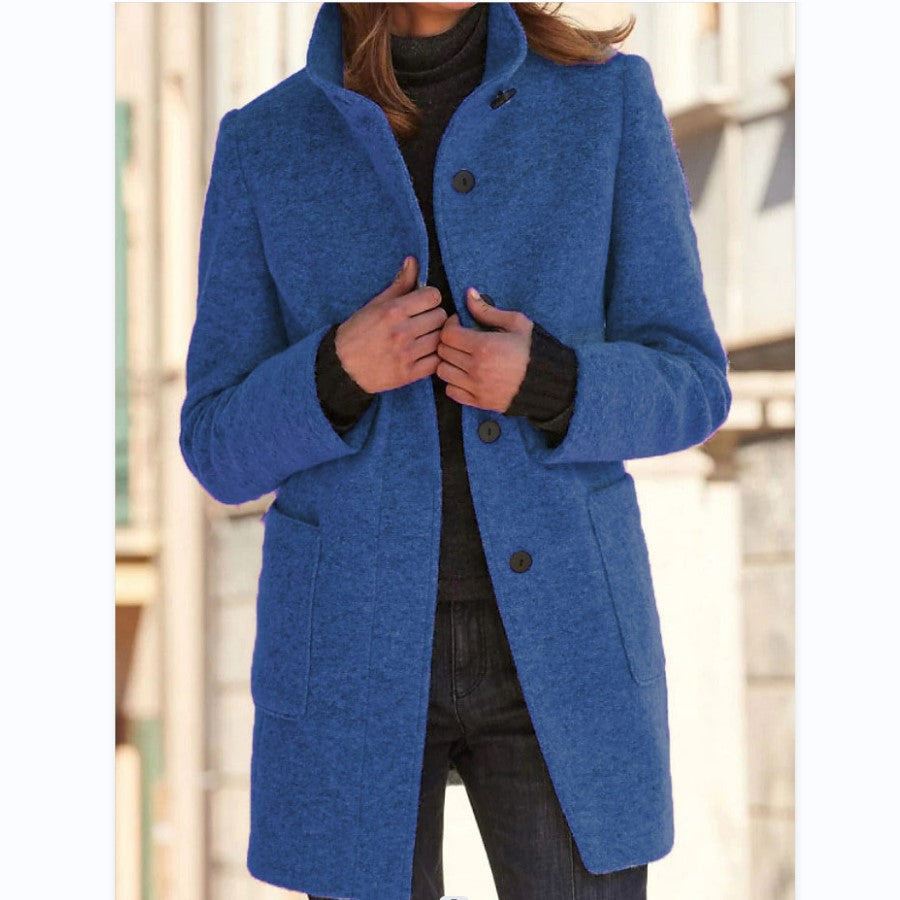 Stand Collar Wool Coat for Women, Slim Fit Long Winter Coat