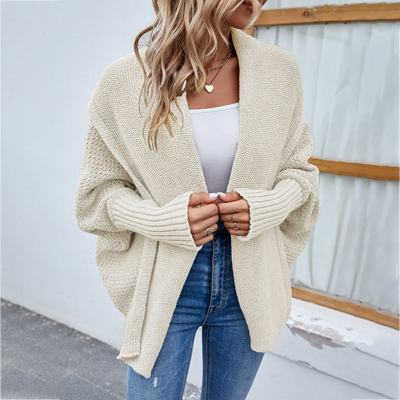 Loose Knit Cardigan for Women, Batwing Sleeve Lapel Sweater