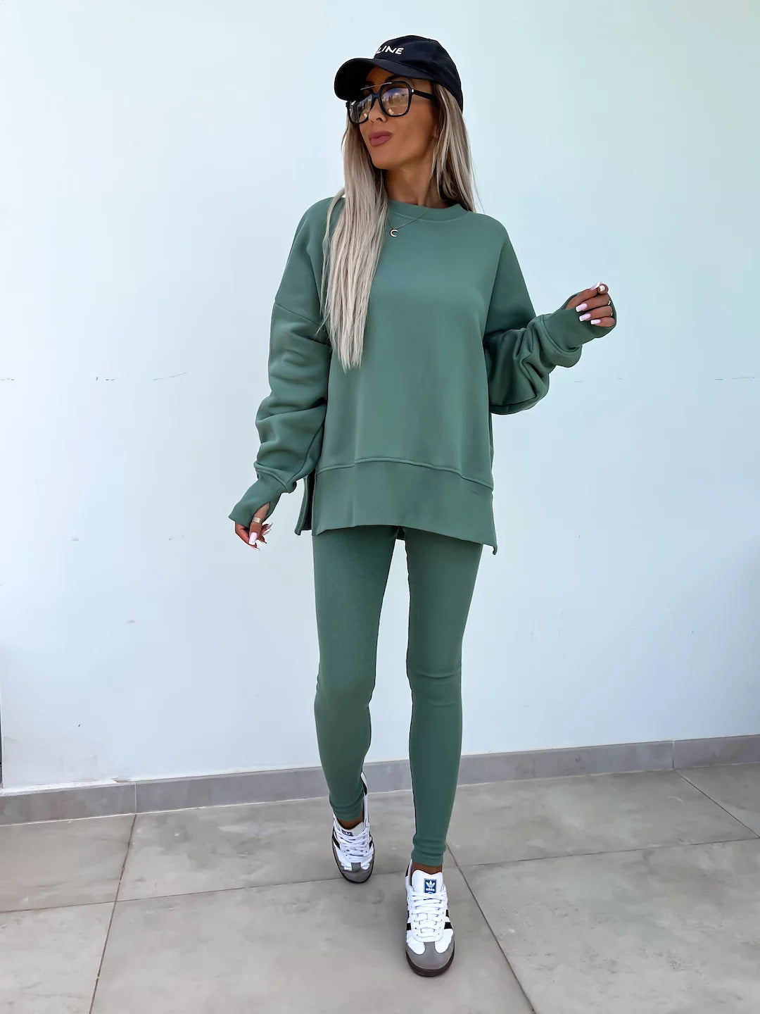 Casual Sweater Suit, Loose Crew Neck Split Top and Tight Pants