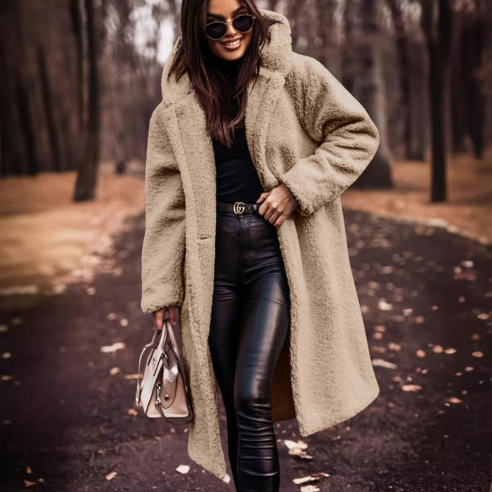 Women's Hooded Long Teddy Coat with Double-Breasted Front