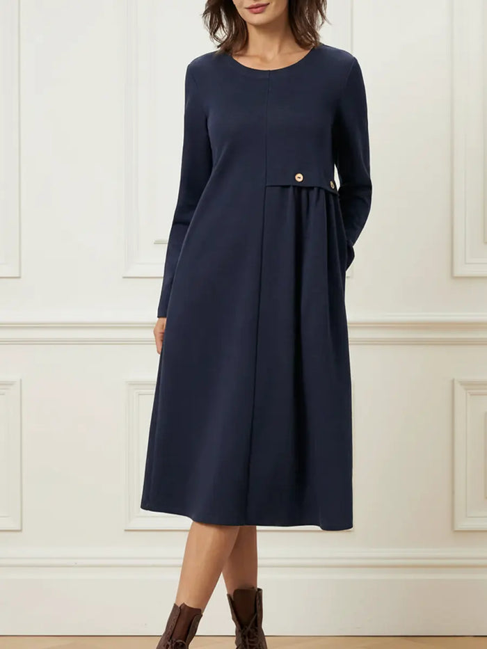 Women's Round Neck Long Sleeve Midi Dress for Casual Wear