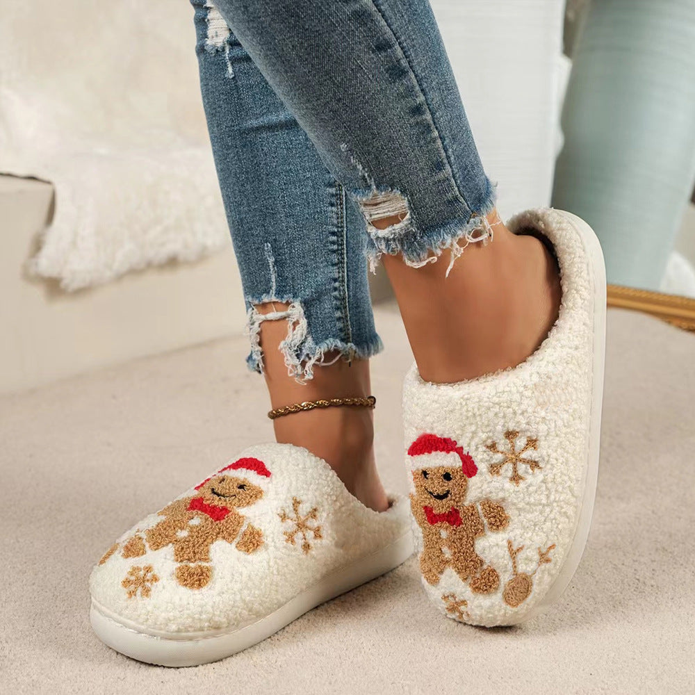 Christmas Snowflake Gingerbread Slippers, Non-Slip Fuzzy Shoes