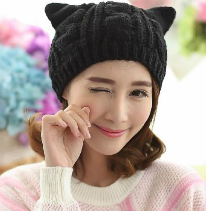 Hand-Knit Cat Ear Beanie, Cute and Warm Winter Hat