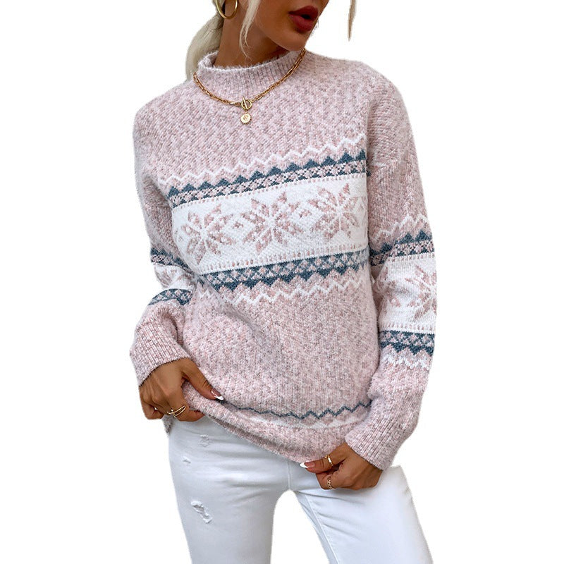 Women's Snowflake Knit Sweater with Mock Neck