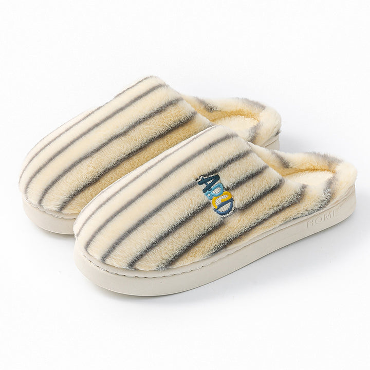 Plush Striped Letter Slippers, Winter Warm Embroidered