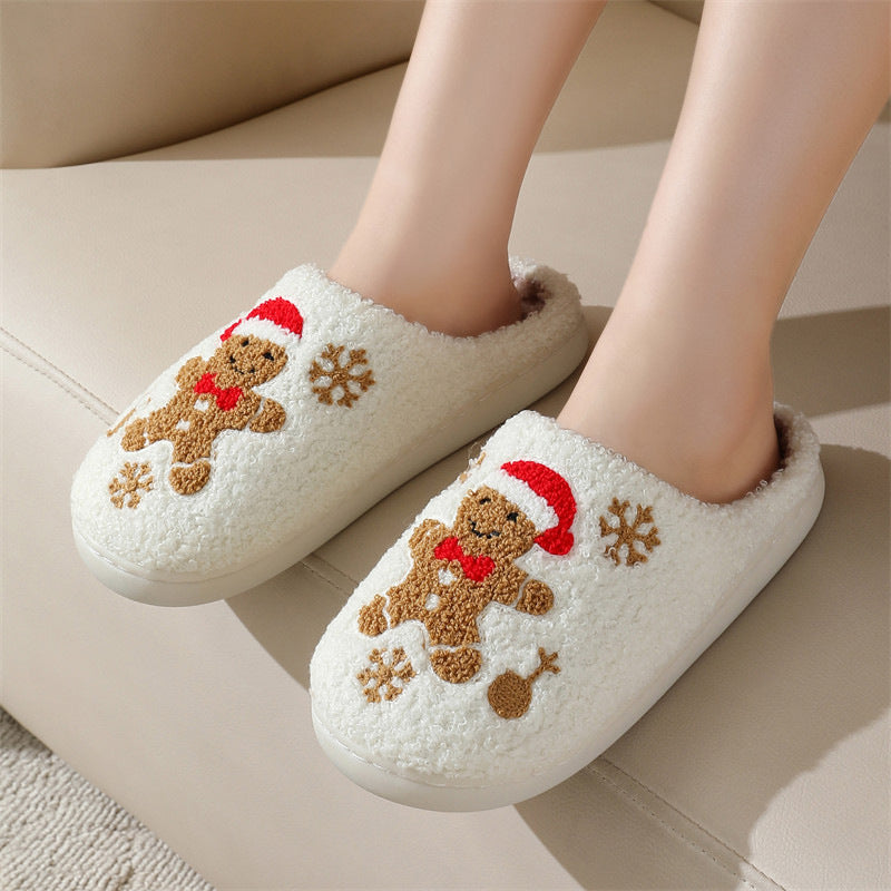 Christmas Snowflake Gingerbread Slippers, Non-Slip Fuzzy Shoes