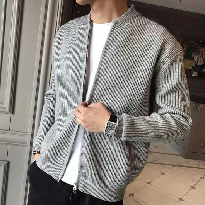 Men's Ribbed Zip Cardigan with Stand Collar Loose Fit
