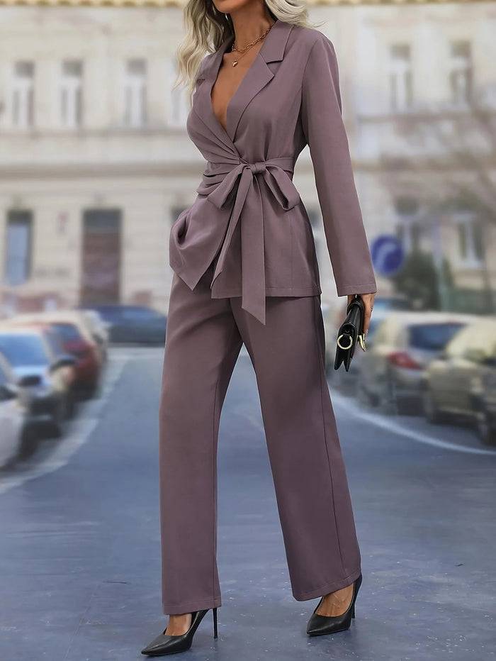 Women's Blazer Wrap Suit Set with Tie Belt Wide-Leg Pants