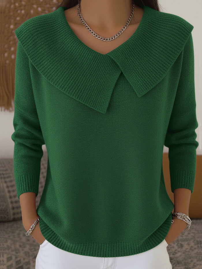 Women's Ribbed Collar V-Neck Sweater with Long Sleeves
